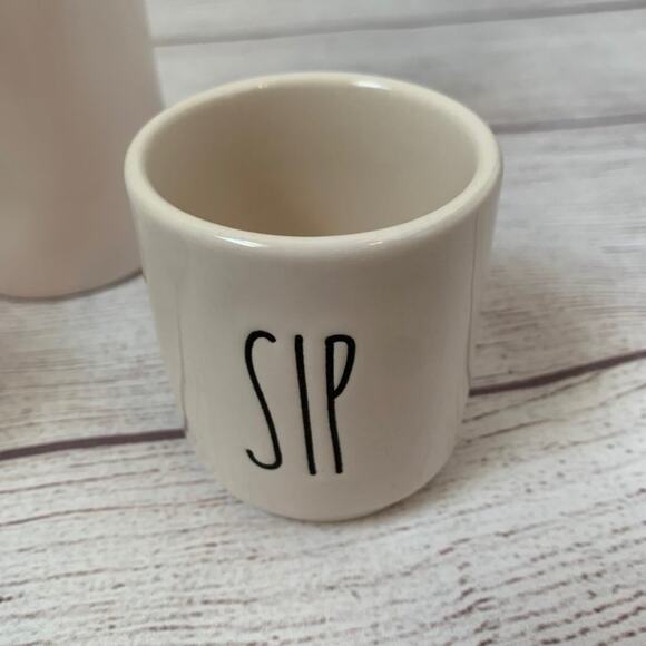 Rae Dunn Sake Sip Sip Set White with Black Lettering 1 Pitcher 2 Cups - Picture 5 of 10